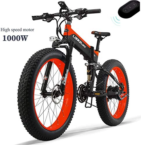 Vélos électriques : LANKELEISI XT750PLUS48V14.5AH1000W vélo électrique 26"4.0 Gros Pneu vélo électrique 27 Vitesses Neige Montagne vélo électrique Pliant Adulte avec Dispositif antivol (Rouge)