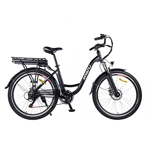 Vélos électriques : Myatu Vélo de ville E 26" pour femme avec moteur arrière, batterie 12, 5 Ah 6 vitesses Shimano, 250 W (noir)