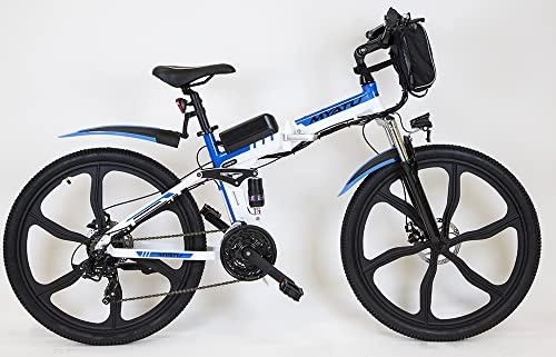 Vélos électriques : MYATU Vélo électrique pliable VTT 26", 21 vitesses, moteur 250 W, batterie lithium-ion 36 V 10, 4 Ah, cadre en aluminium, système de double suspension pour homme et femme, blanc