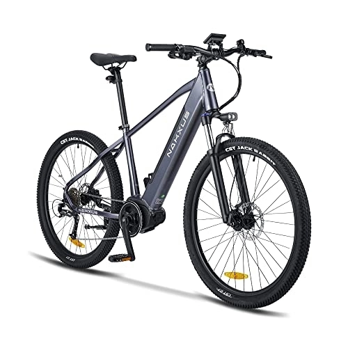 Vélos électriques : nakxus Vélo électrique 27M202 - Moteur central - Portée maximale : jusqu'à 150 km - VTT tout-terrain avec Shimano 9 vitesses - Vélo électrique de ville pour homme et femme Gris