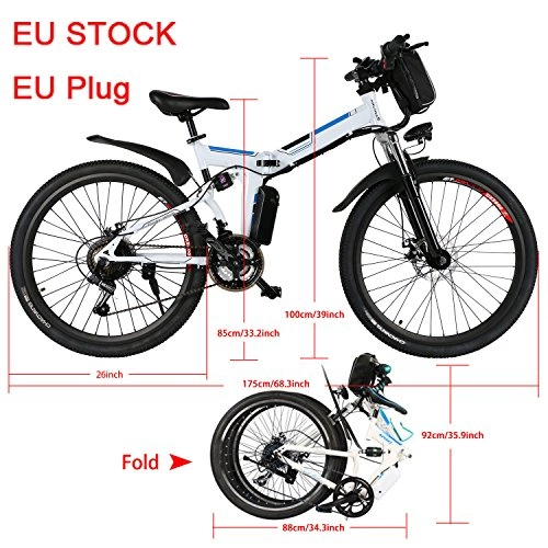 Vélos électriques : ncient vlo lectrique pliable Mountain Bike 250W 32km / h Shimano 21en aluminium batterie 36V lumire avant avec 2modes d'assistanceRoues grandes 26pouces, fiche uE EU Stock , Bianco