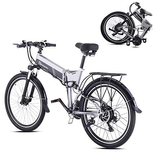 Vélos électriques : ONLYU Vélo Électrique, 26 Pouces Pliant E-Bike Motoneige 21 Vitesse Électrique Plage Montagne Vélo 48V10.4AH Amovible Batterie Invisible avec Lock, Vitesse Maximum 40 Kmh, Gris