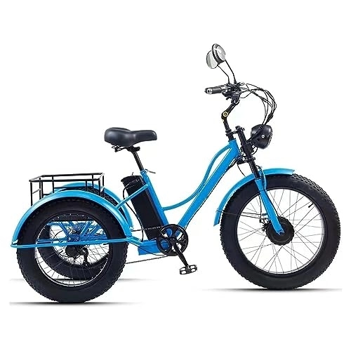 Vélos électriques : OSHKI Tricycle Électrique, Vélo Électrique À 3 Roues, Batterie Au Lithium Amovible pour Scooter 48V 15Ah, Tricycle Électrique Adulte 20-24 Pouces avec Fourche À Suspension, Bleu