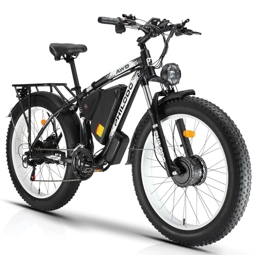 Vélos électriques : PHILODO Vélo électrique pour adultes, 48V 22Ah Batterie amovible 20"×4" Fat Tire Ebike Moteur double 65KM-100KM Vélos électriques avec frein à disque hydraulique 21 vitesses Verrouillage de l'allumage