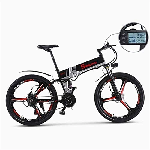 Vélos électriques : REWD 26 Pouces 350W Pliant Snow Mountain E-Bike avec des Super-lgers en Alliage d'aluminium 6 Spokes Roue intgr Haut de Gamme Pleine Suspension 21 Speed Gear (Color : Black)