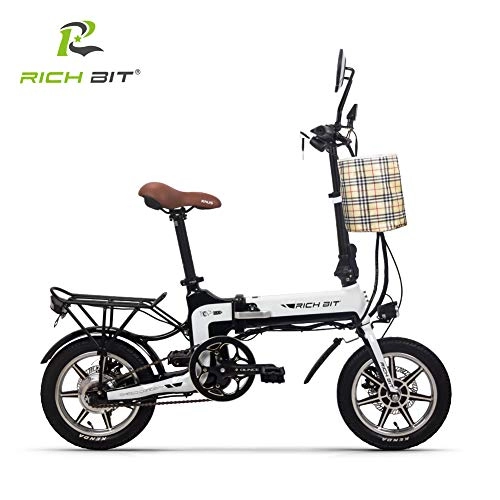 Vélos électriques : Rich BIT RT-619 Pliant Vlo lectrique 14 Pouces Portable et Facile Ranger. Batterie Lithium-ION de 10, 2 Ah et Moto silencieuse de 250 W, avec Affichage de la Vitesse et du Papillon (White)