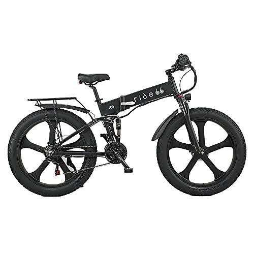 Vélos électriques : Ride66 Vélo Électrique VTT Pliable Fat E-Bike 26 Pouces 21 Vitesses Double Batterie pour Homme Adulte (Noir)