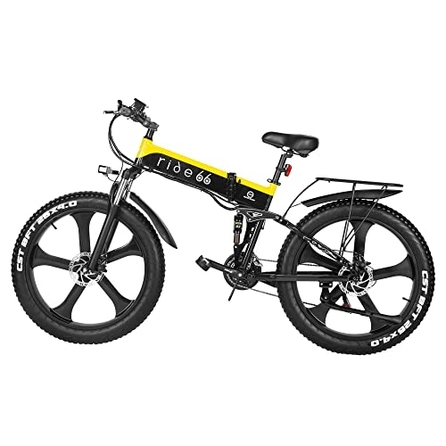 Vélos électriques : Ride66 Vélo Électrique VTT Pliable Fat E-Bike 26 Pouces 21 Vitesses Double Batterie pour Homme Adulte (Noir-Jaune)