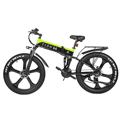 Vélos électriques : Ride66 Vélo Électrique VTT Pliable Fat E-Bike 26 Pouces 21 Vitesses Double Batterie pour Homme Adulte (Noir-Vert)