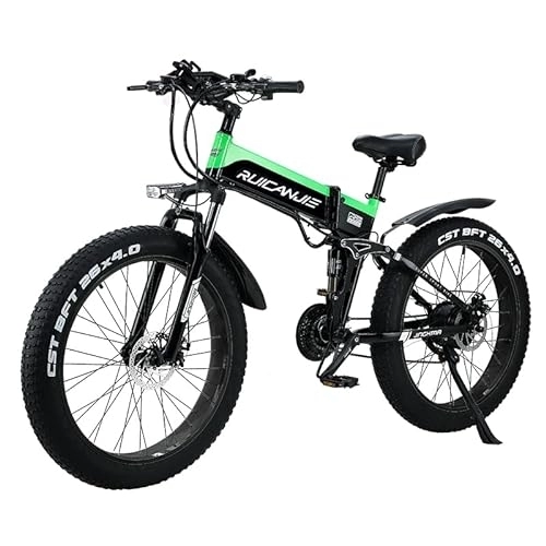 Vélos électriques : ride66 Vélo électrique Pliable Fat E-Bike 26 Pouces 21 Vitesses 12.8Ah Batterie pour Homme Femme Adulte (Noir-Vert)