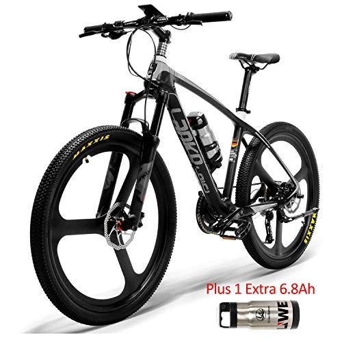 Vélos électriques : S600 26 pouces 240W Power Assist E-bike Cadre en fibre de carbone pour vélo de montagne, capteur de couple, fourche à suspension verrouillable pour huile et gaz (Noir Blanc Plus 1 Extra 6.8Ah)