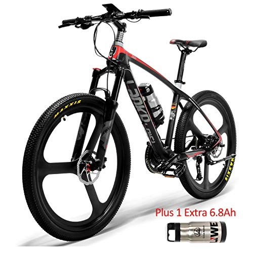 Vélos électriques : S600 26 pouces 240W Power Assist E-bike Cadre en fibre de carbone pour vélo de montagne, capteur de couple, fourche à suspension verrouillable pour huile et gaz (Noir Rouge Plus 1 Extra 6.8Ah)