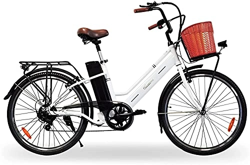 Vélos électriques : SachsenRad Vélo électrique C1 Vintage | Moteur 26 pouces 250 W 36 V / 10 Ah Lithium Portée 50-80 km | 6 vitesses, béquille arrière, freins V-brake, écran LED, pneus Kenda certifié StVZO | Blanc