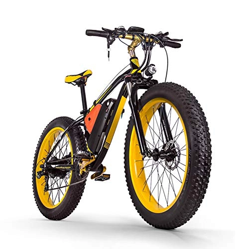 Vélos électriques : Sea blog Pneu de vélo électrique 26" avec batterie au lithium 48 V 16 Ah / 1000 W et suspension Shimano 21 vitesses, Noir + jaune.