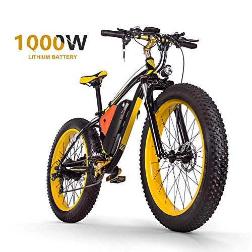 Vélos électriques : Sea blog Vélo de Montagne Électrique 26 '' 4.0 Gros Pneu e-Bike VTT avec Batterie Lithium-ION à Grande Capacité (48V16AH 1000W) Velo Électrique 21 Vitesses Suspension Complète, Black+Yellow