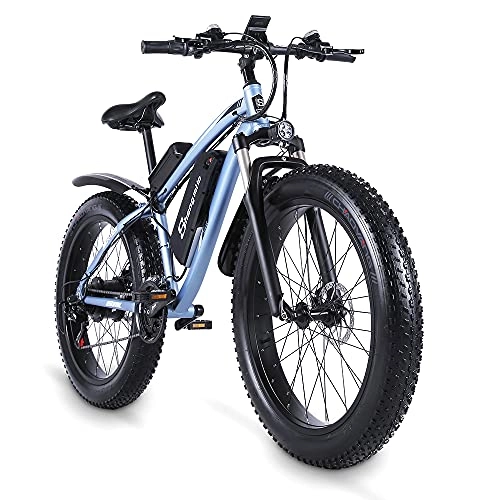 Vélos électriques : Sheng milo-MX02S 26 Pouces Fat Tire Vélo électrique 48V Puissant Moteur Neige Mountain Vélo électrique avec Shimano 21 Speed Pedal Assist Lithium Batterie Frein à Disque hydraulique (Bleu)