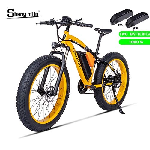 Vélos électriques : Shengmilo 1000W Motor Vélos électriques 26 Pouces Mountain E-Bike, Vélo Pliant électrique, Fat Tire 4 Pouces, Include 2 Batteries (Jaune)
