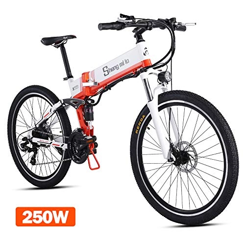 Vélos électriques : shengmilo 250W Moteur Électrique Vélo Pliant Shimano 21 Vitesse 26 Pouces Montagne E-Bike 12AHLithium Batterie Inclus (Blanc)