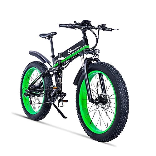 Vélos électriques : Shengmilo 26 Pouces vlo lectrique 1000W vlo de Plage 4.0 Gros Pneu e-vlo 48V Mens vlo de Montagne vlo de Neige Double Suspension (Green, 14.5Ah)