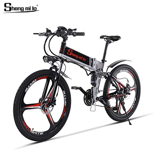 Vélos électriques : Shengmilo Vélo Pliable électrique, Shimano 21 Speed, XOD Brake, vélo de Montagne intégré de 26 Pouces pour Roue Mountain Road, Batterie au Lithium 13AH Incluse (Noir)