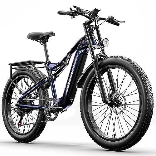 Vélos électriques : Shengmilo Vélo électrique VTT entièrement Suspendu 26 Pouces E-Bike 48V 15AH Batterie Vélo électrique 7 Vitesses avec Pneu Fat, Frein à Disque mécanique Doubles et Cadre en Aluminium