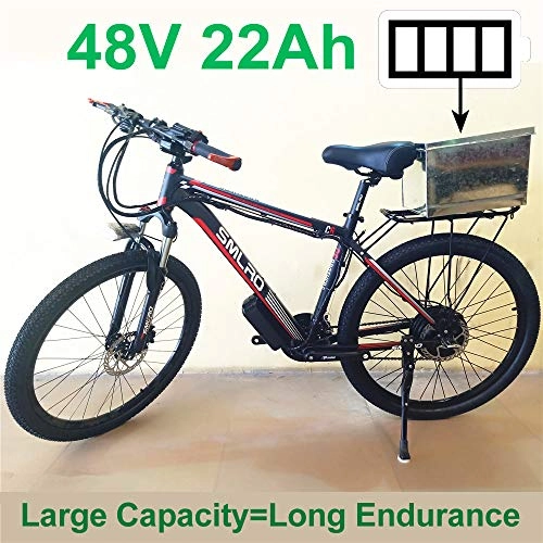 Vélos électriques : SMLRO 26" vlo lectrique Batterie au Lithium 48V 500W, vlo lectrique de 27 Vitesses, vlo de Montagne, adoptent des Freins Disque d'huile (22Ah Black Red)