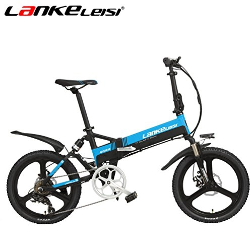 Vélos électriques : SMLRO Lankeleisi G550 Vélo électrique avec configuration avancée – 50, 8 cm 48 V / 240 W 10 Ah Lithium E-Bike 7 vitesses – pliante Full Suspension pour vélo – 5 vitesses, noir / bleu