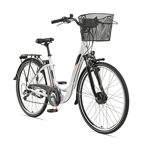 Vélos électriques : Telefunken Vélo électrique 28" en aluminium avec dérailleur Shimano 7 vitesses, vélo de ville Pedelec léger avec panier à vélo, 250 W et 10, 4 Ah, batterie de siège 36 V, RC820 Multitalent.