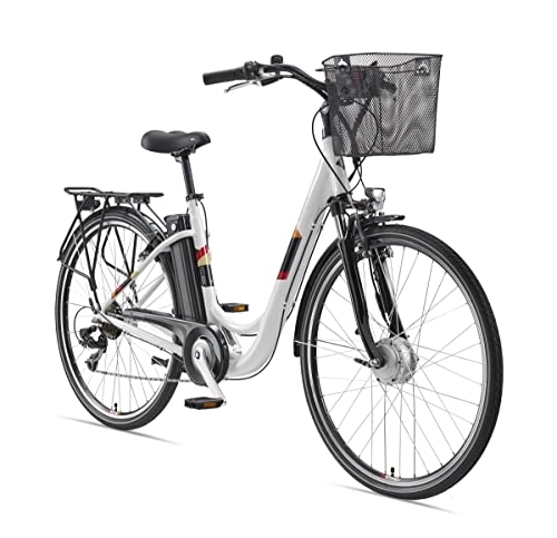 Vélos électriques : TELEFUNKEN Vélo électrique électrique en aluminium 28" avec dérailleur Shimano 7 vitesses, vélo de ville Pedelec léger avec panier de vélo, 250 W et 10, 4 Ah, Raclette tubulaire 36 V, RC822 Multitalent