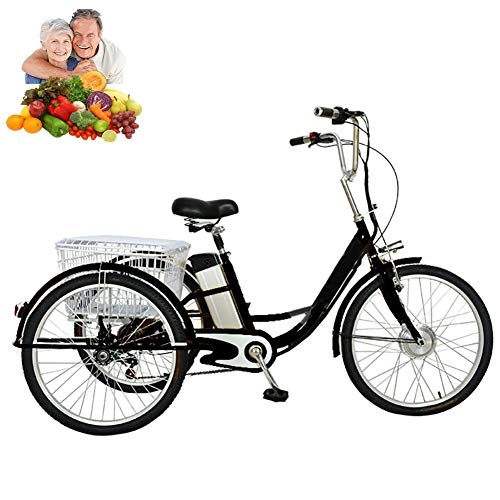 Vélos électriques : Tricycle Adulte vélo électrique à 3 Roues pour Dames vélo à Assistance électrique 24'' avec Panier de Panier arrière Panier de Nourriture Sortie Shopping Cadeau pour Les Parents Main-d
