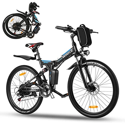 Vélos électriques : Vivi Vélo Électrique Pliant, Vélo de montagne électrique de 26 pouces, batterie amovible 36V / 8AH, 350W, vélo de banlieue électrique à 21 vitesses pour adulte, absorption totale des chocs (Bleu noir)