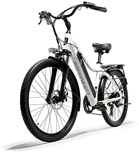 Vélos électriques : Vélo de Montagne électrique 26 Pouces vélo électrique Fat Tire E-Bike 7 Vitesses Beach Cruiser Sports Vélos de Montagne de Suspension Suspension Pédale assistée E-Bike-Blanc_15ah