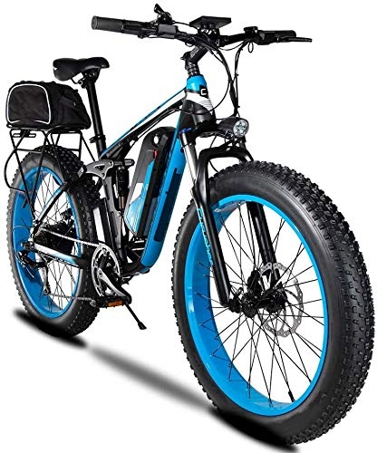 Vélos électriques : Vélo de Montagne électrique 48V 750W 26 Pouces Fat Tiree-Bike 7 Vitesses Hommes Sports Mountain Bike Full Suspension Batterie au Lithium Freins à Disque hydrauliques, Bleu