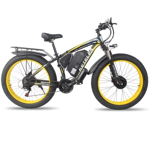 Vélos électriques : Vélo électrique 26 Pouces, motoneige à pneus Larges 4.0, VTT, VTT, équipé de Moteurs Doubles Avant et arrière, Batterie Samsung 48V23Ah, adapté aux Adultes (Jaune)