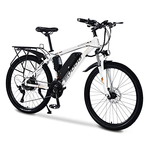 Vélos électriques : Vélo électrique 26" pour adultes, vélo électrique avec porte-bagages, vélo de ville, VTT 36 V 13 Ah, batterie amovible, fourche avant frein à disque pour homme (blanc)