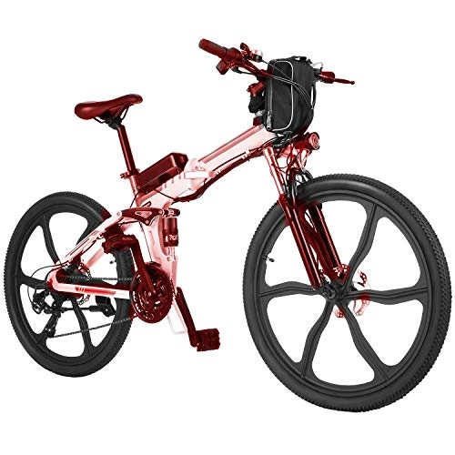 Vélos électriques : Vélo électrique de montagne pliable de 66 cm avec batterie au lithium amovible de 36 V / 8 Ah, moteur sans balais stable de 250 W, 21 vitesses, vélo de ville pour homme et femme (rouge)