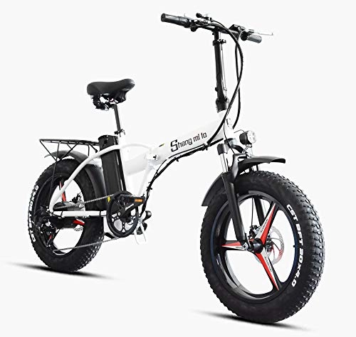 Vélos électriques : Vélo électrique pliant 20 pouces gros pneu pliant vélo électrique plage vélo de neige ebike 500 W cyclomoteur électrique vélo de montagne électrique 48V 15Ah batterie au lithium (Blanc(Roue intégrée)