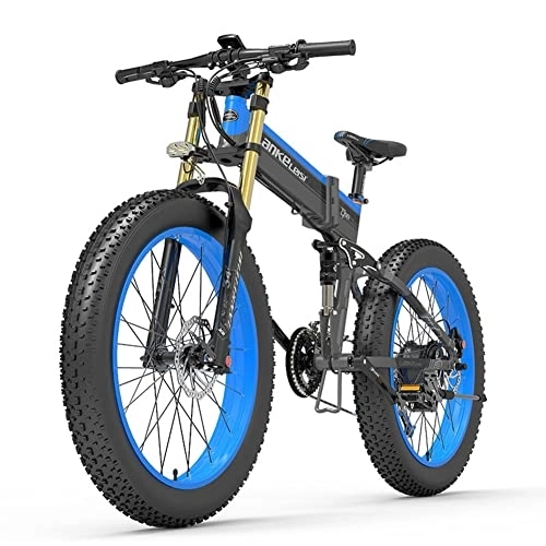 Vélos électriques : Vélo électrique Pliant T750plus 26 Pouces, motoneige à pneus Larges 4.0, VTT 27 Vitesses, équipé d'une Batterie au Lithium Amovible 48V14.5Ah / 17.5Ah, adapté aux Adultes (14.5Ah, Bleu)