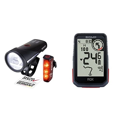 Fahrradcomputer : SIGMA SPORT - Aura 100 / Blaze LINK Set | Fahrradbeleuchtung vorne und hinten & ROX 4.0 Black | Fahrradcomputer kabellos GPS & Navigation inkl. GPS Halterung | Outdoor GPS Navigation mit Höhenmessung