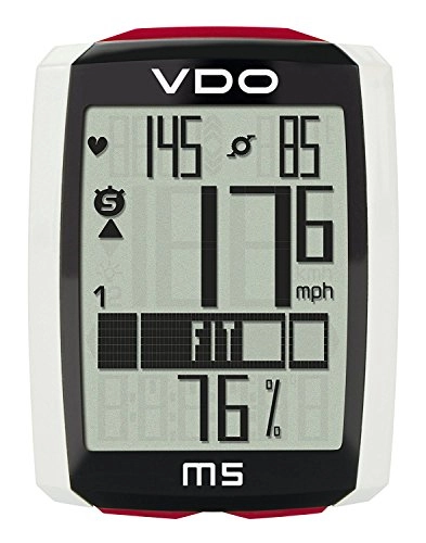 Fahrradcomputer : VDO Fahrradcomputer M5, drahtlos, mit Herzfrequenzgurt, Trittfrequenz- und Geschwindigkeitsmesser, Schwarz / Weiß / Rot