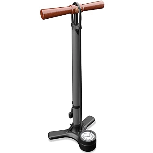 Fahrradpumpen : HiLo sports Fahrrad Standpumpe bis 11 bar - [Passt für alle Ventile] - Standluftpumpe mit Holz Griff - Aus lackiertem Stahl gefertigte Stand Fahrradpumpe (Metallic Grau)