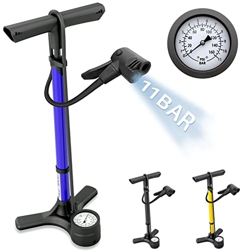Fahrradpumpen : Hilo Sports Standpumpe Fahrrad für alle Ventile - 11 Bar / 160 Psi Luftpumpe mit Manometer - Standluftpumpe mit Stahlrohr - Fahrradpumpe Standpumpe (blau)