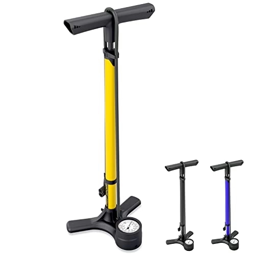 Fahrradpumpen : Hilo Sports Standpumpe Fahrrad für alle Ventile - 11 Bar / 160 Psi Luftpumpe mit Manometer - Standluftpumpe mit Stahlrohr - Fahrradpumpe Standpumpe (gelb)