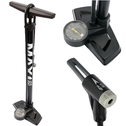 MAX1 Bomba de pie para bicicleta – Bomba de bicicleta potente y duradera con manómetro y cabezal doble para válvula de coche (AV) y válvula Dunlop (FV) – Carcasa robusta y soporte estable de acero –