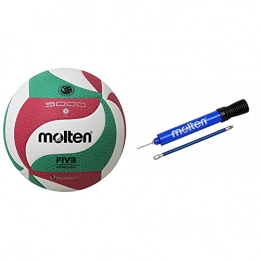 Molten Accesorio Molten Vm5000 Balón De Voleibol, Blanco, Rojo Y Verde + Dhp21-Bl Inflador De Balones, Color Azul