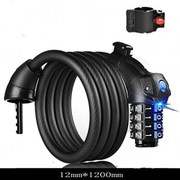 JPOJPO Accesorio JPOJPO Cable de Bloqueo de Bicicleta Portátil con Combinación de Cable reajustable con Soporte de Montaje y luz LED, Hombre, CXM-AP1011-1.2A / 11, 1.2M Black, Negro