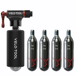Velo-Tool™ Gonfleur de CO2 – Premium noir/argent, rapide et léger + 5 bidons de CO2 de 16 g avec grip en mousse – Compatible avec valves Presta et Schrader – Vélos de montagne, de route et de BMX
