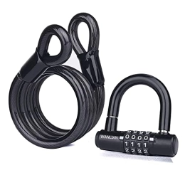 WANLIAN Accessoires Antivol de câble pour vélo - Antivol de chaîne de vélo - Cadenas à 4 chiffres en forme de U avec câble, manille de 12 mm et câble de 10 mm x 1, 8 m - Chaîne en acier - Noir