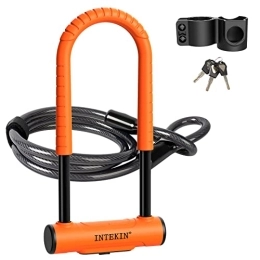 INTEKIN Accessoires INTEKIN Bike U Lock Antivol de vélo robuste en U de 16 mm et câble de sécurité de 1, 5 m de long avec support de montage robuste pour vélo, moto et plus encore, orange, taille L