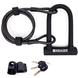 KRASER Accessoires KRASER KR65145B Antivol de Vélo en U Haute Sécurité Universel + Câble en Acier 120cm + Support Unisex-Adult, Noir, Standard
